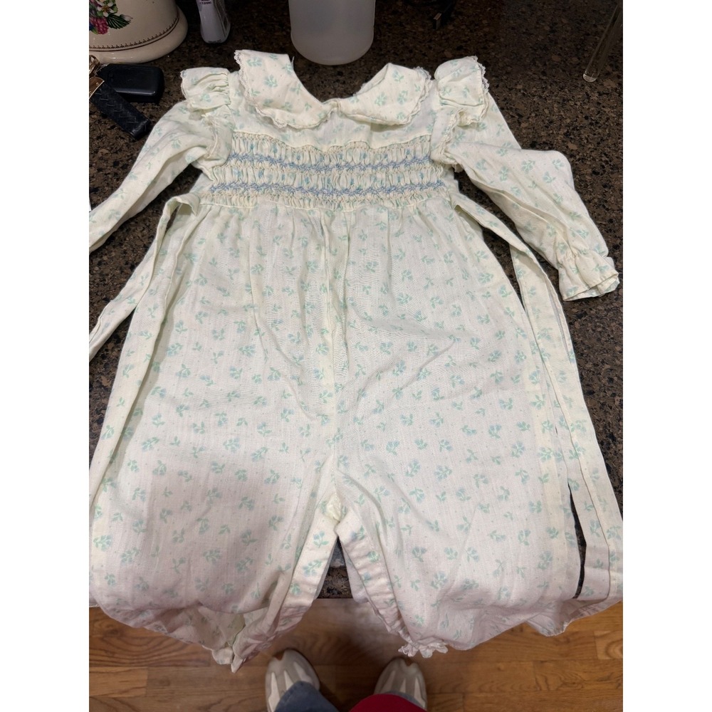 vtg polly flinders one piece jumper smocked flowers girl's 18 mos